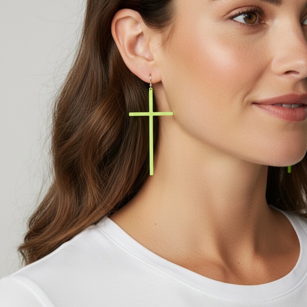 Neon Green Cross Drop Earrings - Women Jewelry Earrings